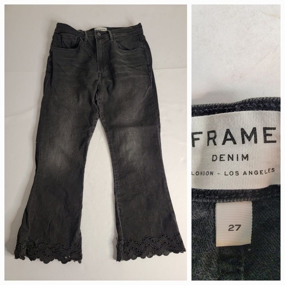 Frame Jeans Sz 27 Eyelet HemCrop Flare Charcoal Gray Black Lacey